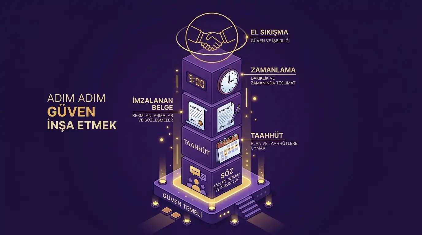 Söz, taahhüt, imzalanan belge, zamanlama ve el sıkışma bloklarıyla adım adım güven inşasını anlatan izometrik kule, koyu mor zemin ve altın sarısı ışıklarla Ahmet Yardımcı Academy infografiği
