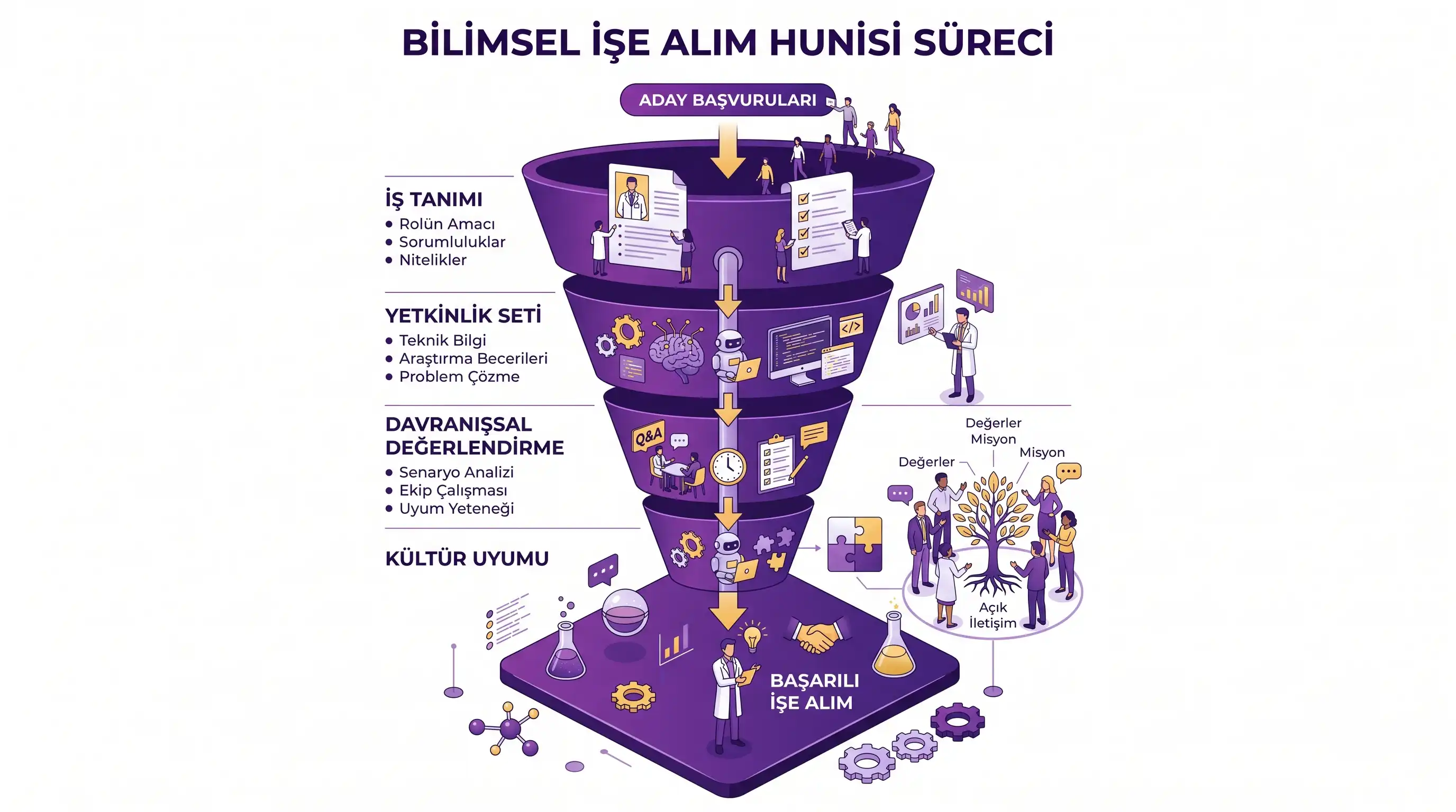 Bilimsel işe alım hunisi süreci infografiği, koyu mor huni katmanlarında iş tanımı, yetkinlik seti, davranışsal değerlendirme ve kültür uyumu adımlarını altın sarısı oklarla gösteren Ahmet Yardımcı Academy görseli