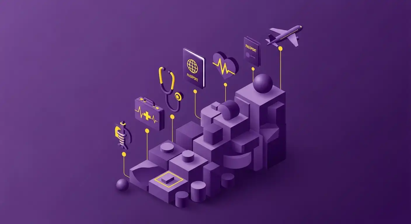 Isometric 3D illustration showing healthcare tourism business transformation journey with medical symbols, passport and airplane in deep purple color scheme with golden highlights