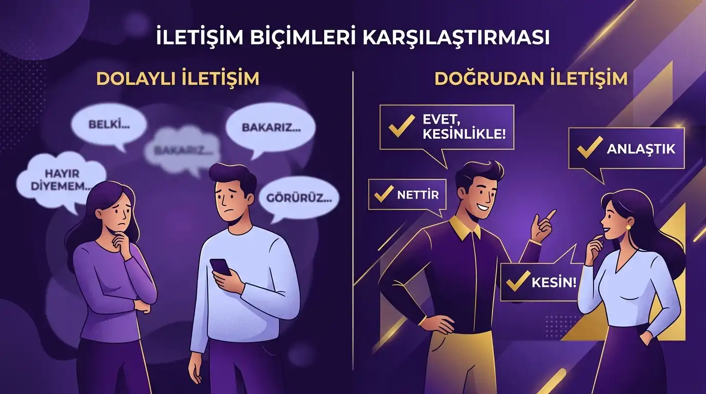 Dolaylı iletişimdeki belirsiz ifadeler ile doğrudan iletişimdeki net cevapları karşılaştıran illüstrasyon, koyu mor gradyan ve altın sarısı vurgularla Ahmet Yardımcı Academy eğitim görseli