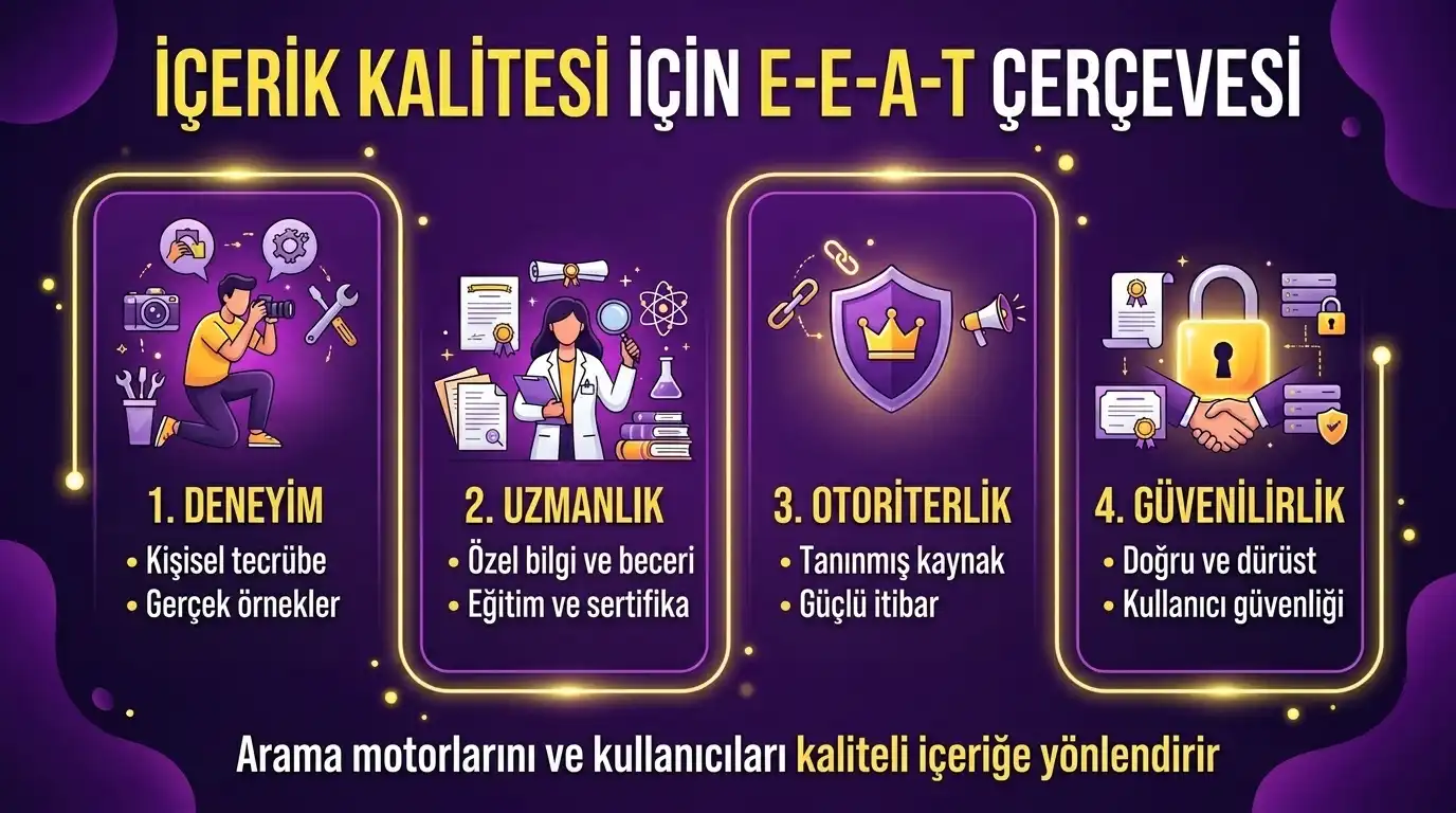 E-E-A-T içerik kalitesi çerçevesi infografik - Deneyim, uzmanlık, otoriterlik ve güvenilirlik kriterleri