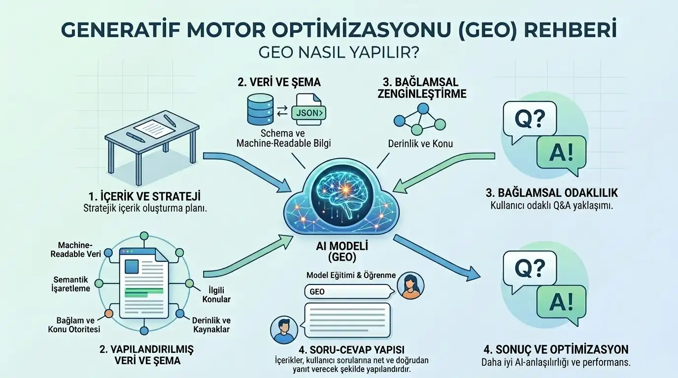 GEO nasıl yapılır rehber infografik - İçerik stratejisi, yapılandırılmış veri, bağlamsal zenginleştirme ve soru-cevap yapısı