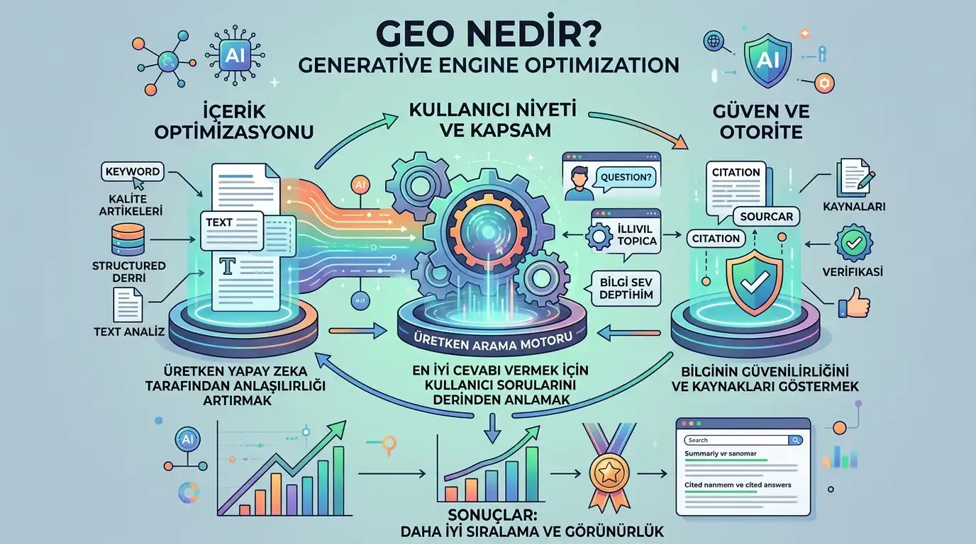 GEO Nedir? Generative Engine Optimization infografik - İçerik optimizasyonu, kullanıcı niyeti ve güven faktörleri