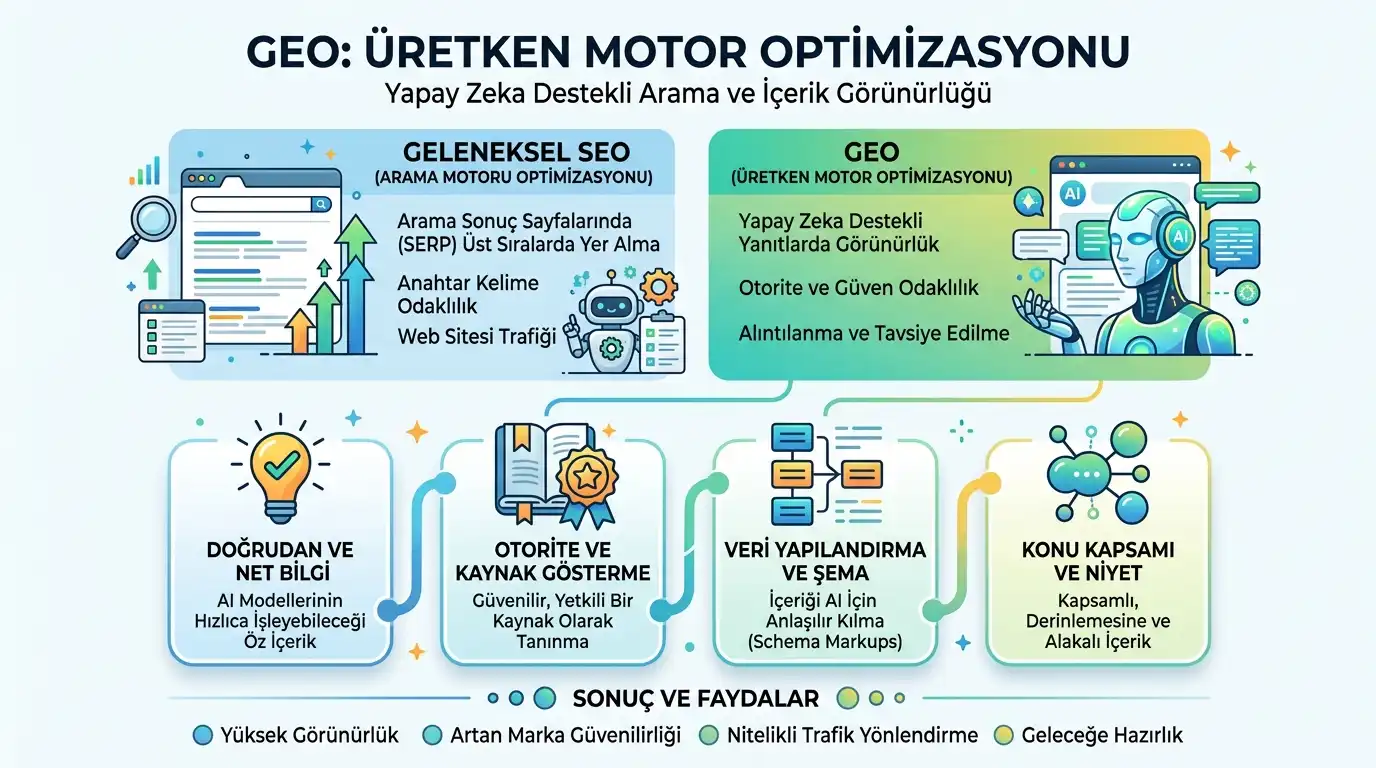 GEO ve SEO karşılaştırması - Geleneksel arama motoru optimizasyonu ile yapay zeka destekli üretken motor optimizasyonu farkları
