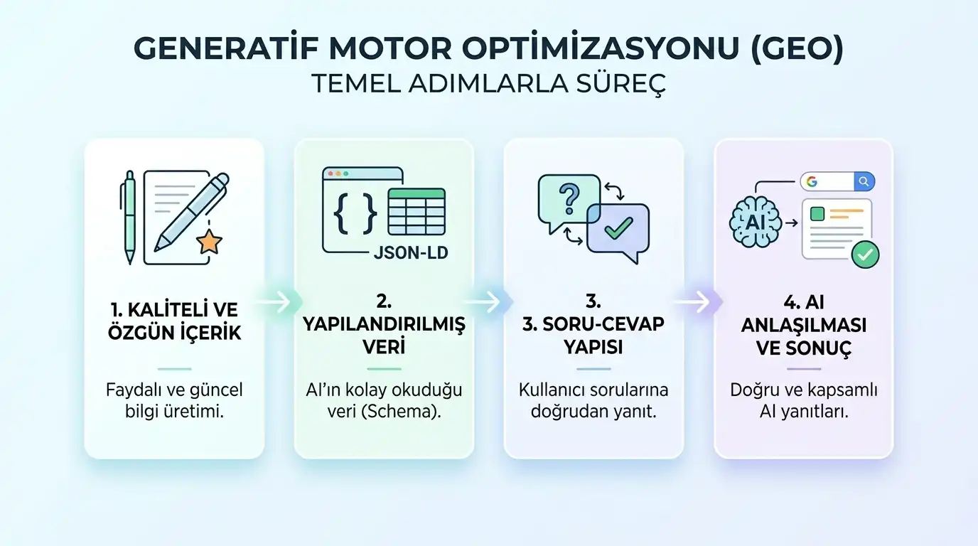 GEO temel adımlar süreç infografik - Kaliteli içerik, yapılandırılmış veri, soru-cevap yapısı ve AI anlaşılması adımları