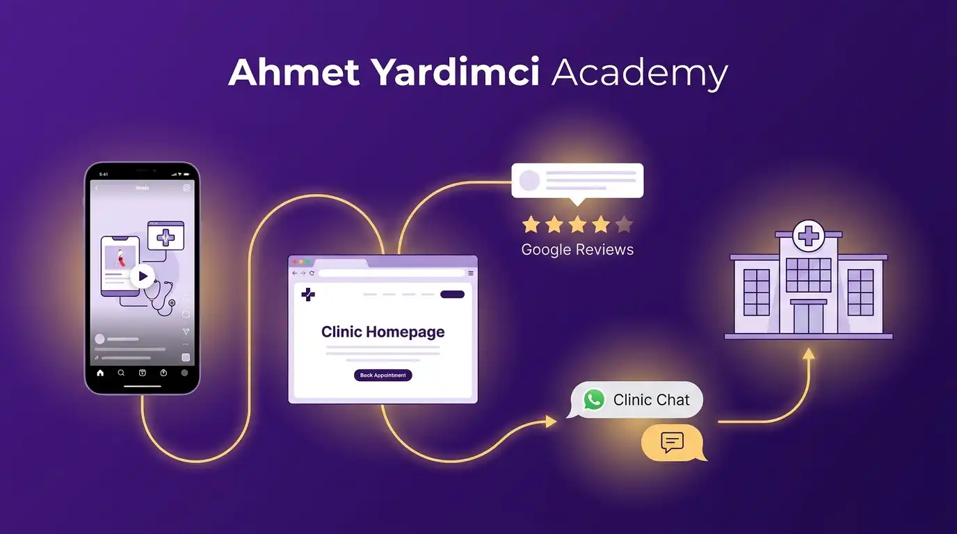 Hasta karar yolculuğu dijital temas noktaları, koyu mor zemin üzerinde altın sarısı bağlantılarla gösterilen modern bir illüstrasyon, Ahmet Yardımcı Academy eğitim konsepti