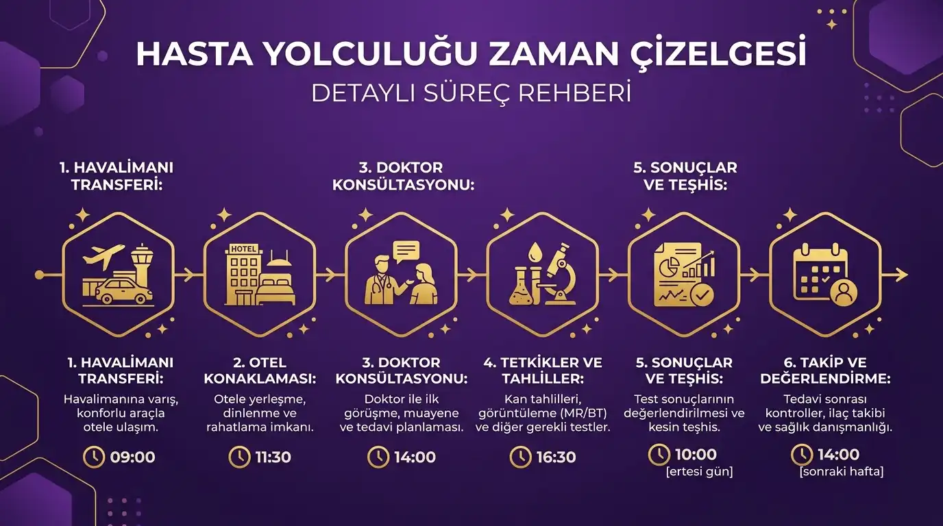 Havalimanı transferinden takip görüşmesine kadar saatleriyle planlanmış hasta yolculuğu zaman çizelgesi, koyu mor zemin üzerinde altın sarısı ikonlarla Ahmet Yardımcı Academy infografiği
