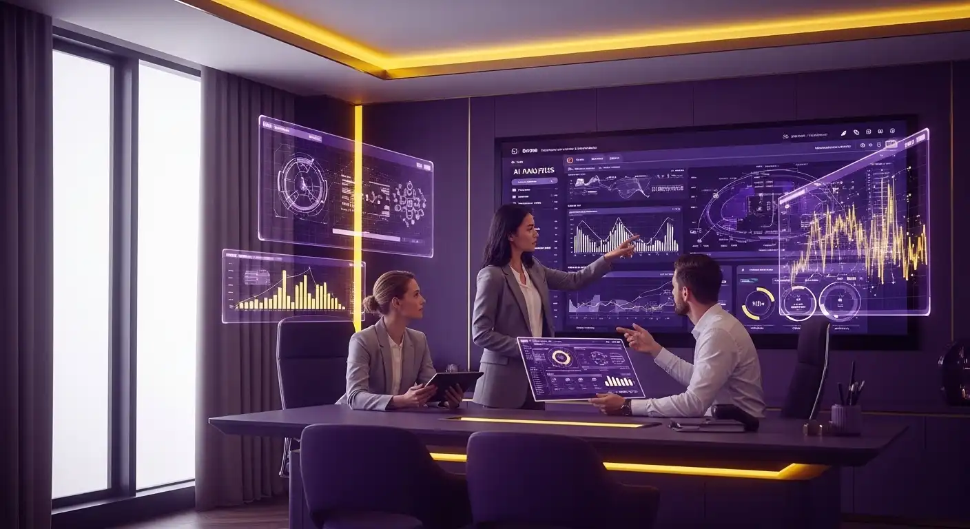 Sağlık turizmi profesyonelleri yapay zekâ ve veri analitiği dashboard&rsquo;larını koyu mor ve altın sarısı renk paletinde modern ofis ortamında incelerken