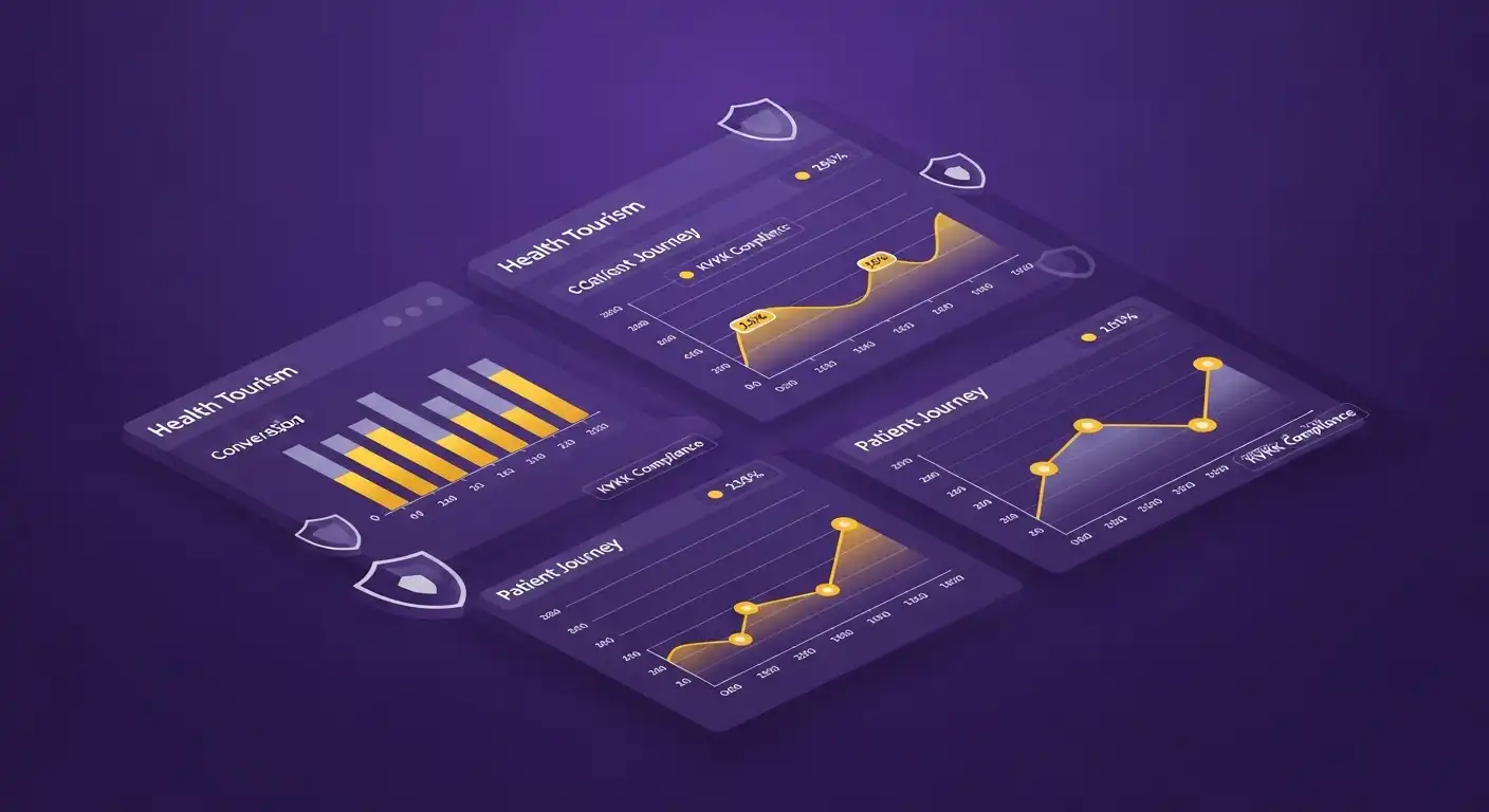 Sağlık turizminde hasta yolculuğu, dönüşüm oranları ve KVKK uyum verilerini gösteren isometrik analitik dashboard, koyu mor arka plan ve altın sarısı veri grafikleriyle