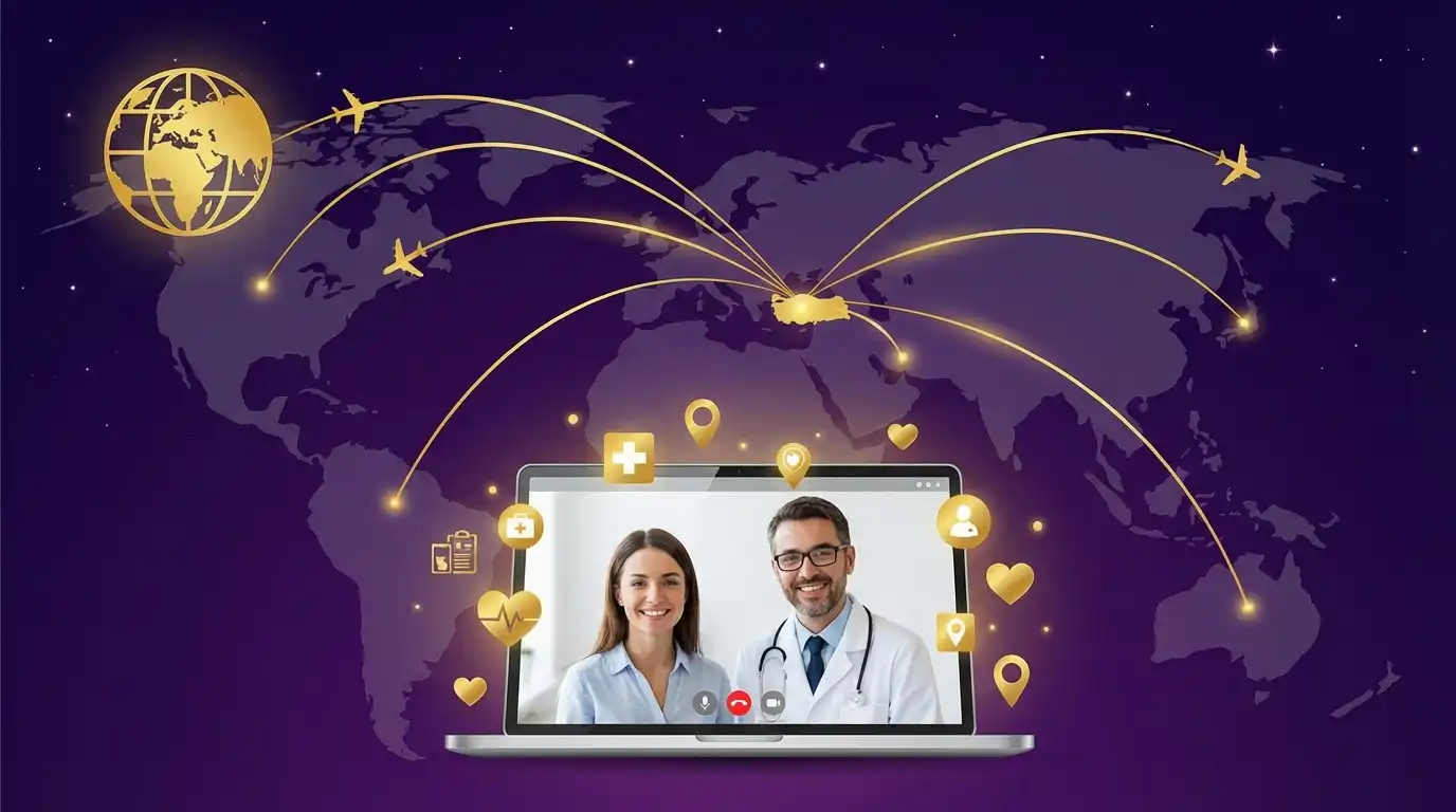 Sağlık turizmi online danışmanlık konsepti; dizüstü bilgisayar ekranında hasta ve doktor video görüşmesi, arka planda Türkiye merkezli dünya uçuş haritası, altın sarısı sağlık ikonları ve mor tema