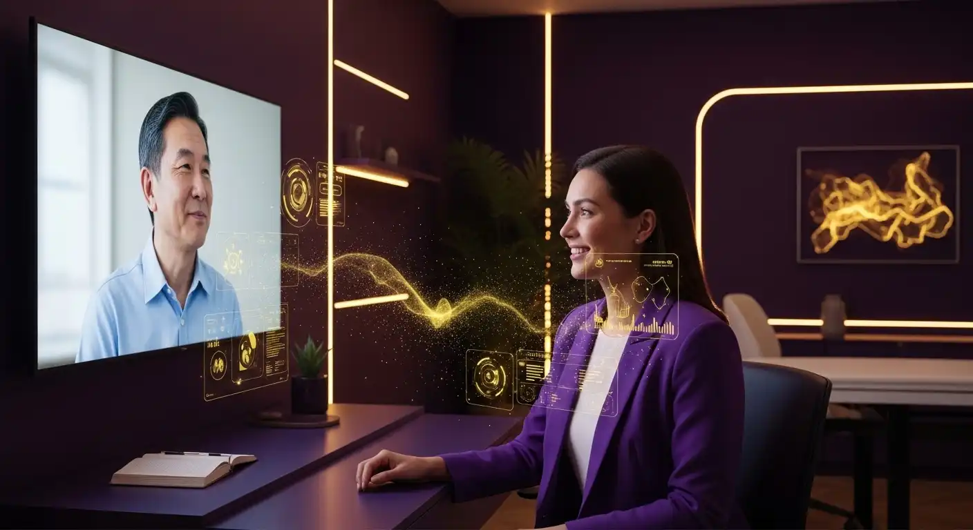 Mor ceket giyen sağlık turizmi koordinatörü, altın sarısı dijital veri görselleştirmeleriyle çevrili ekranı üzerinden uluslararası hastayla kişiselleştirilmiş video konsültasyonu yapıyor