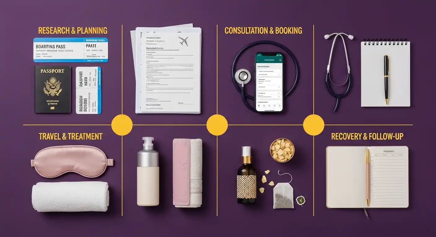 Healthcare tourism patient journey roadmap showing four stages from research and planning to recovery with medical documents, passport and treatment essentials on deep purple background