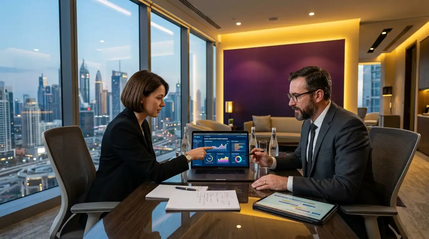 Sağlık turizmi strateji danışmanlığı; şehir manzaralı modern ofiste iki profesyonel dijital pazarlama stratejisini incelerken, koyu mor ve altın tonlarında profesyonel akademi ortamı