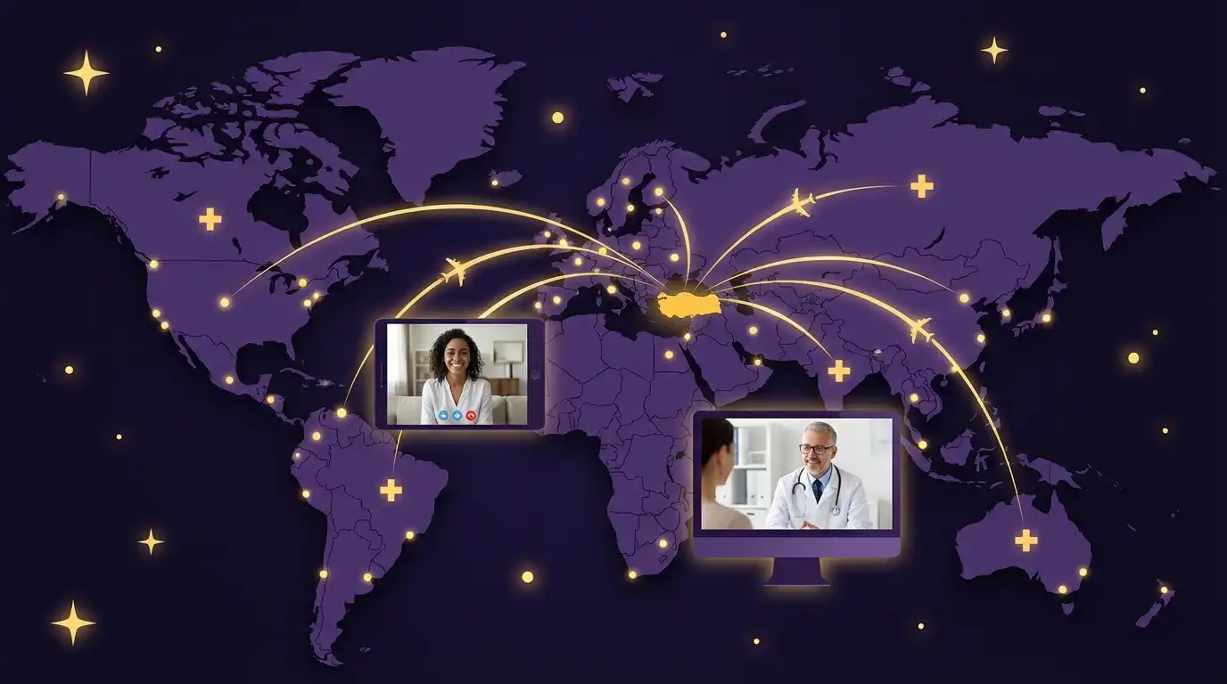 Uluslararası hasta yolculuğu; dünya haritası üzerinde Türkiye merkezli uçuş rotaları, hasta ile doktor arasındaki online video konsültasyonu, koyu mor arka plan üzerinde altın sarısı bağlantı noktaları