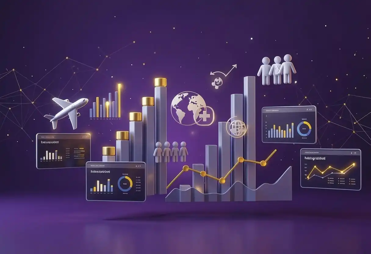 Modern marketing analytics dashboard for healthcare tourism with data visualization charts in deep purple theme and golden yellow KPI metrics highlights