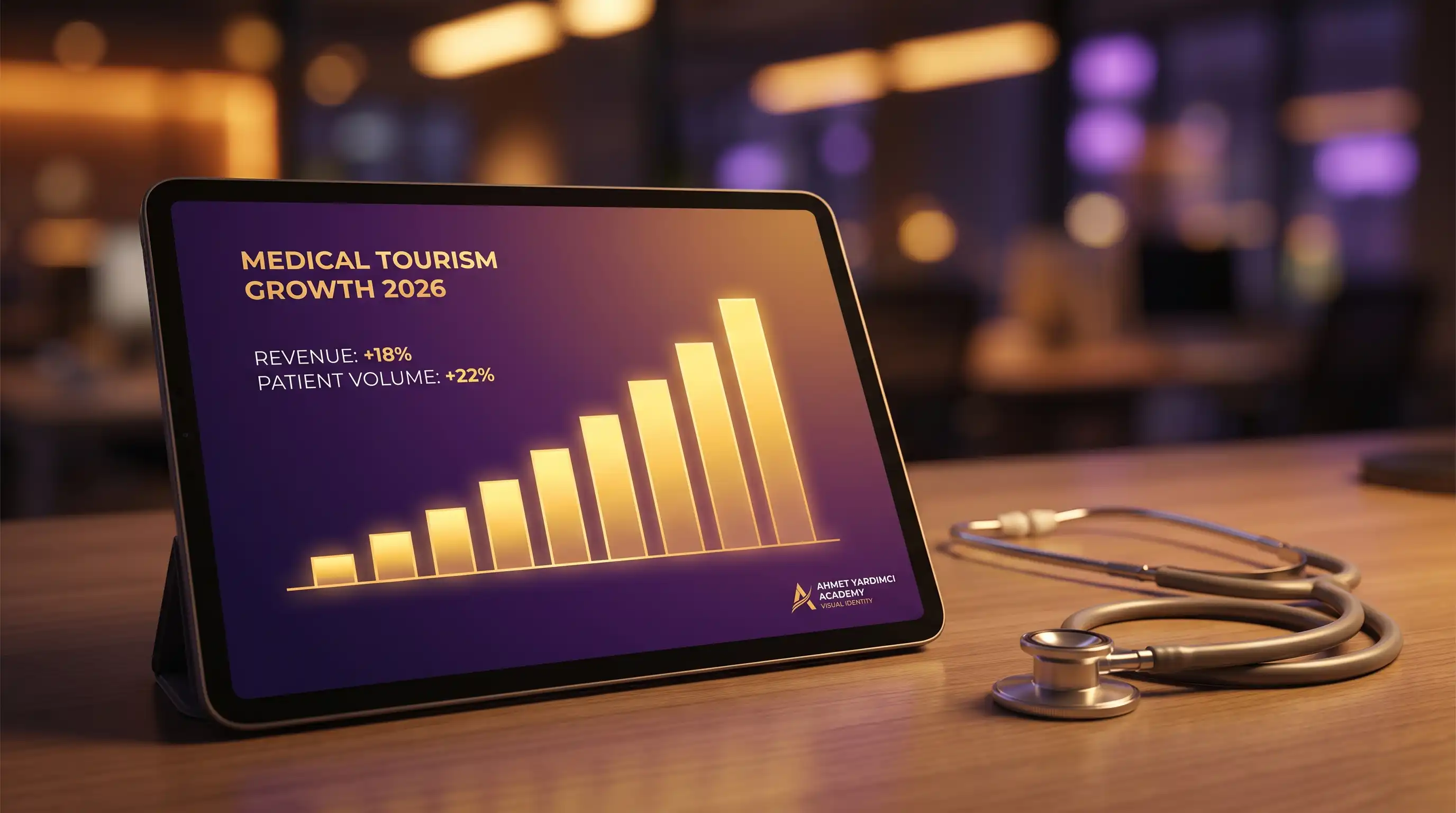 Medikal turizm büyüme verileri tablet grafik görseli, koyu mor arka planda altın sarısı veri görselleştirmeleriyle 2026 yılı sağlık turizmi rakamlarını gösteren fotogerçekçi görsel, Ahmet Yardımcı Academy