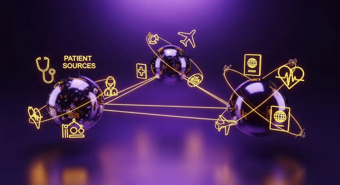 Professional healthcare network visualization showing lead generation, organic reach and patient referrals interconnected with golden yellow lines on deep purple gradient background