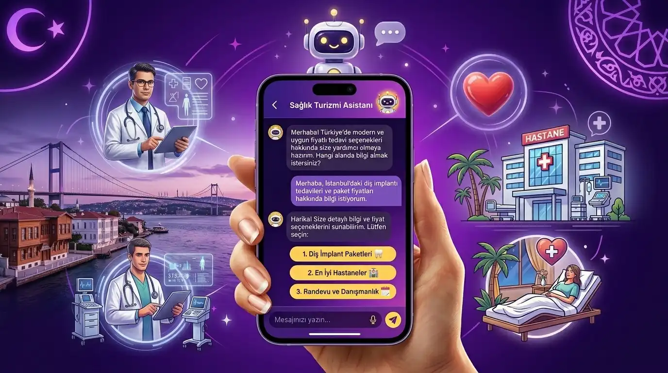 Koyu mor ve sarı detaylı mobil arayüzde sağlık turizmi asistanı, doktor ve hastane bağlantısını anlatan modern academy illüstrasyonu