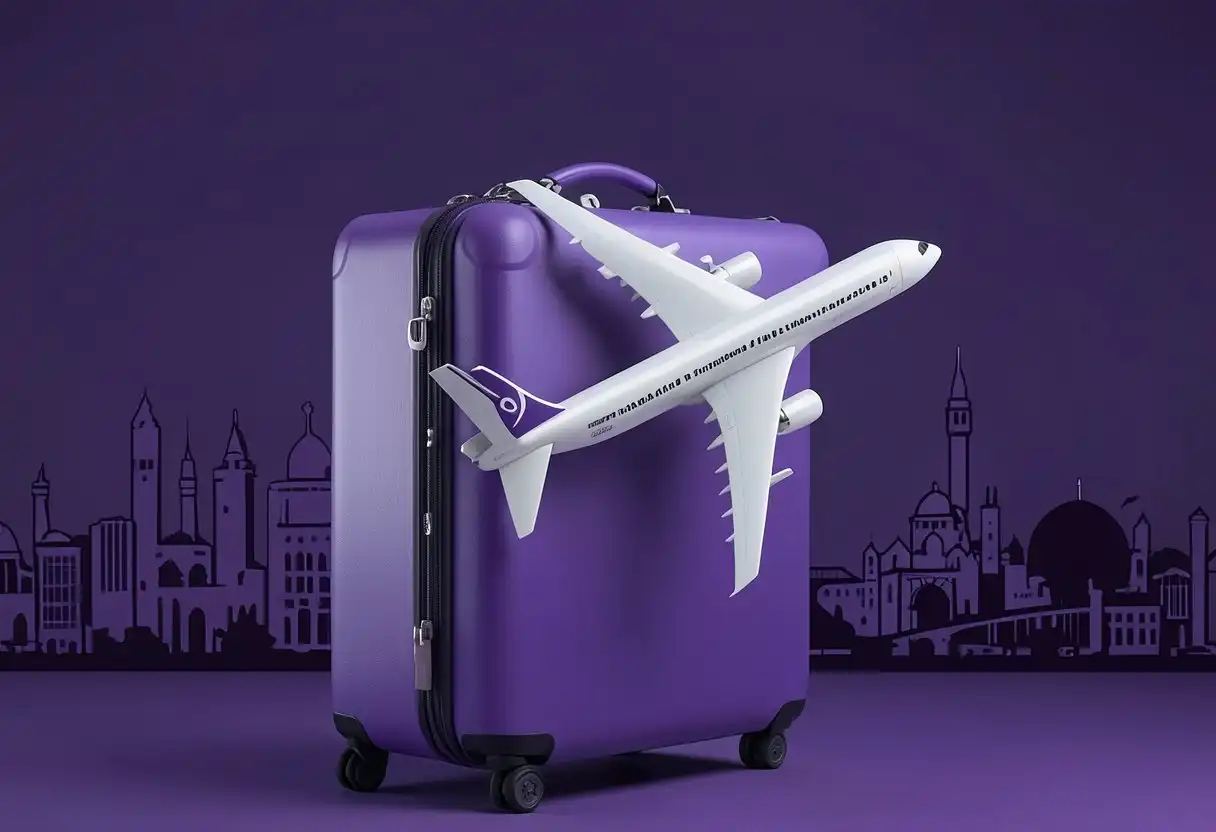 Sağlık turizmi için uluslararası seyahat konsepti; mor bavul ve uçak modeli, şehir silueti fonunda koyu mor arka planla profesyonel bir atmosfer sunuyor