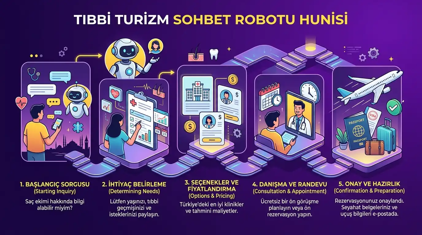 Koyu mor zemin ve sarı vurgularla sağlık turizmi chatbot dönüşüm aşamalarını gösteren academy odaklı huni görseli