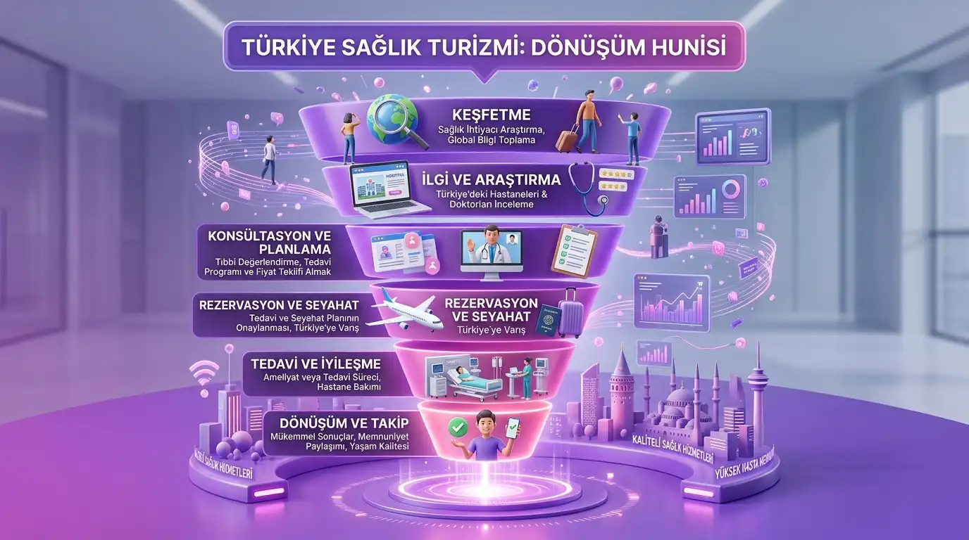 Koyu mor sarı tonlarla sağlık turizmi dönüşüm hunisini, araştırmadan tedavi sonrası takibe kadar gösteren academy infografiği