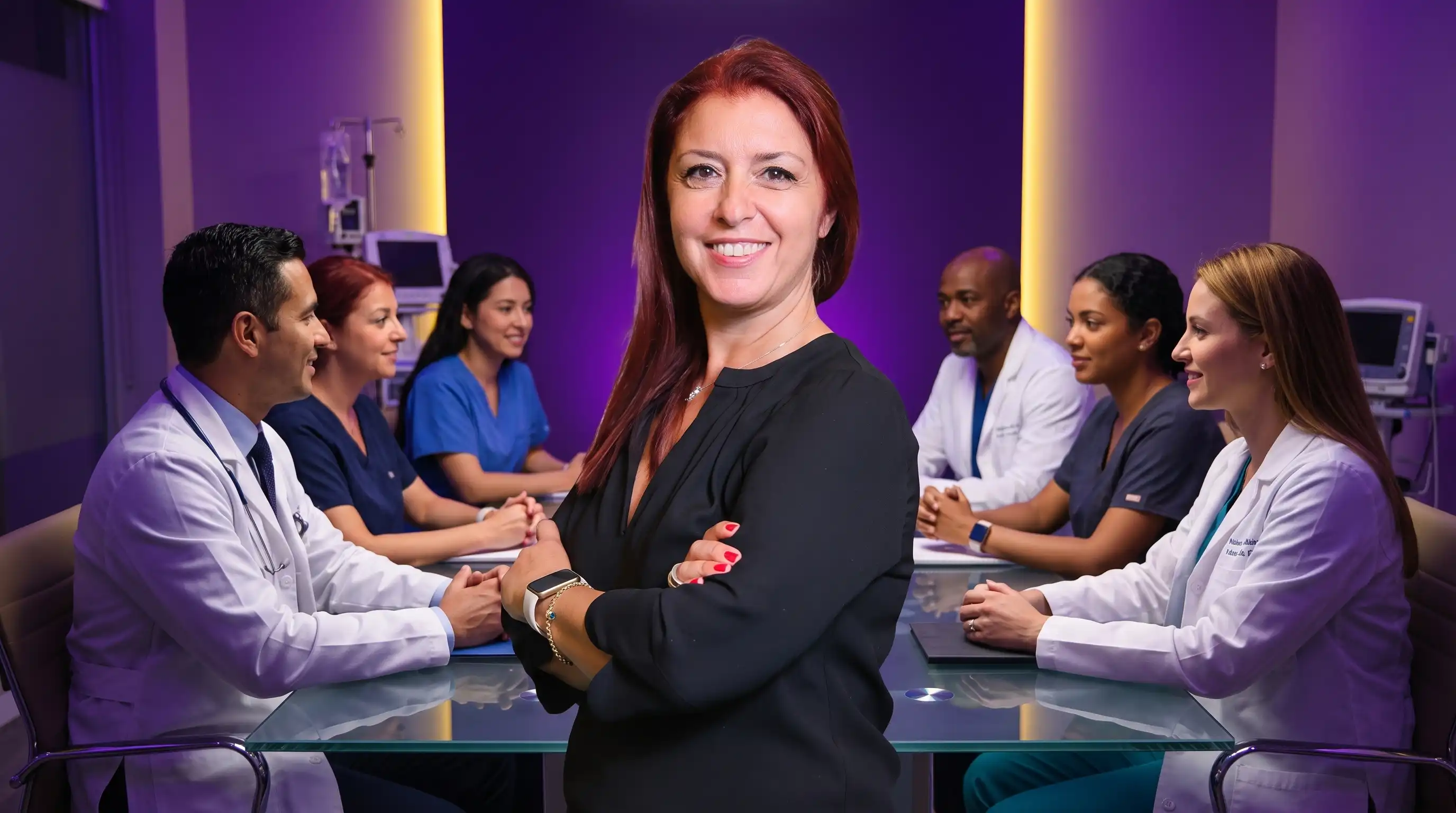 Sağlık turizmi ekibi ve uluslararası hasta yöneticisi klinik toplantı masasında, koyu mor ve altın sarısı aydınlatmayla Ahmet Yardımcı Academy temasında profesyonel ekip yönetimi görseli