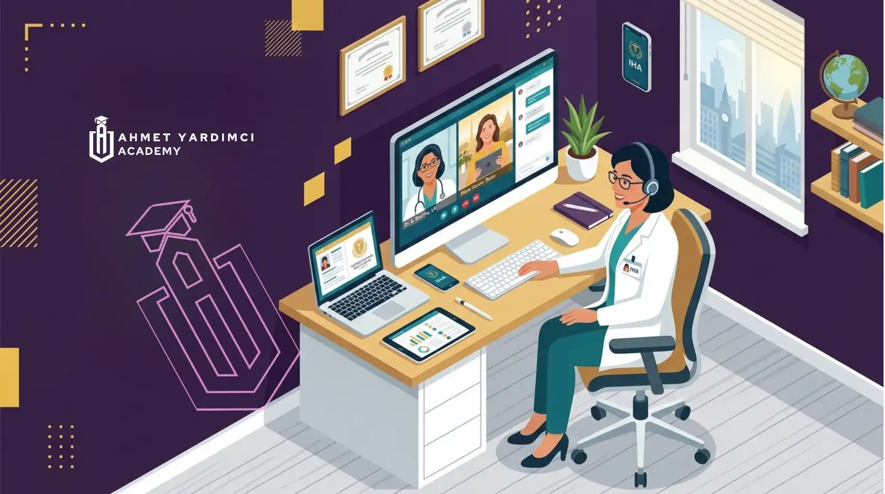 Sağlık turizmi uzmanı hekimin çoklu ekranlar aracılığıyla uluslararası hastalara dijital danışmanlık yapması; izometrik illüstrasyon stili, koyu mor arka plan ve altın sarısı vurguları