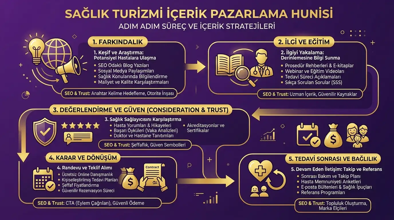 Sağlık turizmi içerik pazarlama hunisi; farkındalık, ilgi, değerlendirme, karar ve tedavi sonrası aşamalarını gösteren koyu mor ve altın sarısı renkli Türkçe infografik