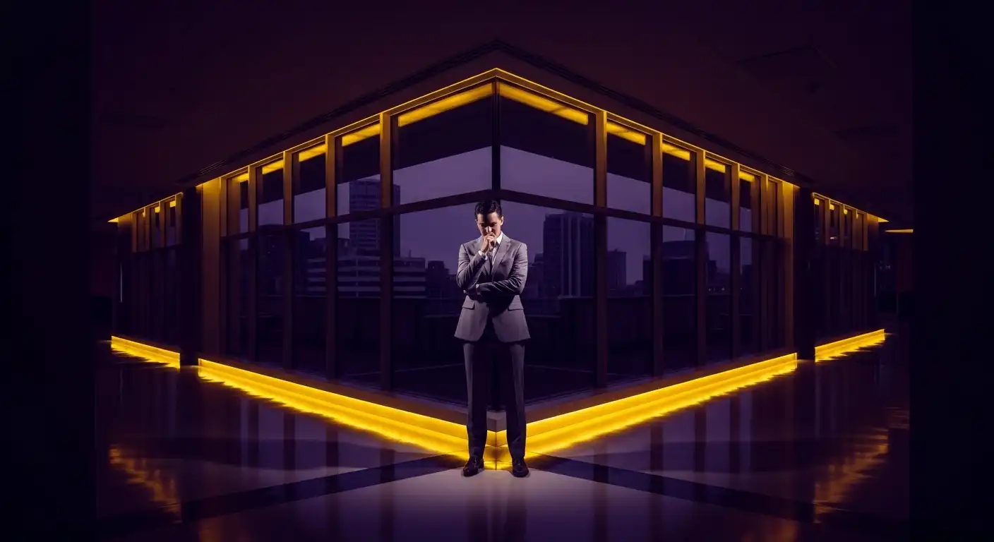 Koyu mor ve altın sarısı ışıklarla aydınlatılmış modern koridorda dikkatini toplayarak düşünen sağlık yöneticisi, sağlık turizmine giriş kararının kritik anını temsil ediyor