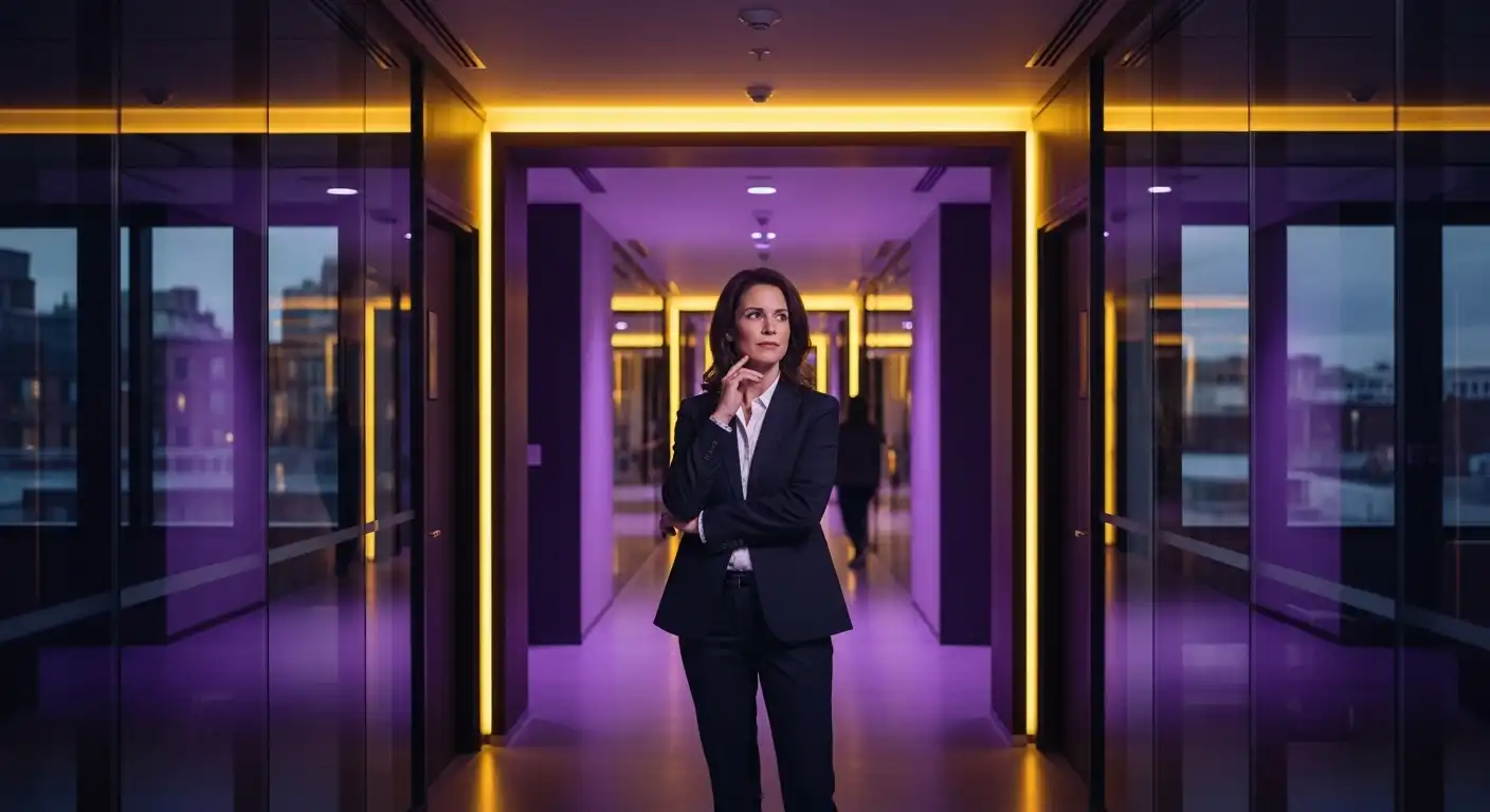 Altın sarısı zemin ışıkları ve karanlık mor cam bir ofiste derin düşünceye dalmış erkek yönetici, sağlık turizmi kararının ağırlığını ve stratejik sorumluluğunu simgeliyor