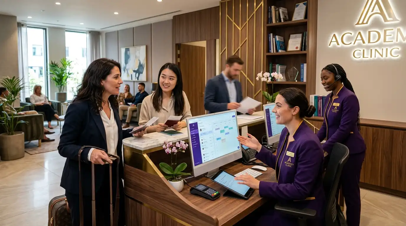 Uluslararası hastanın pasaportuyla klinik ön bürosuna kabulü; mor üniformalı profesyonel ekip, dijital CRM sistemleri ve altın sarısı aksan detaylarla sağlık turizmine özel karşılama süreci