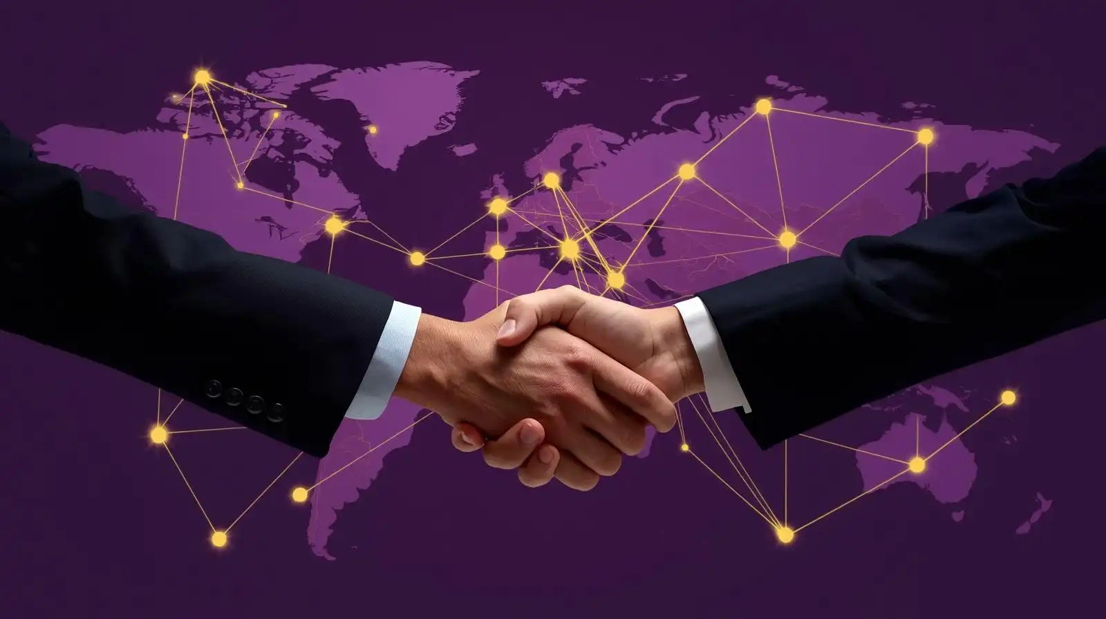 Koyu mor dünya haritası arkaplanında altın sarısı ağ noktalarıyla birbirine bağlanan kıtalar önünde el sıkışan iki profesyonel, sağlık turizminde uluslararası iş birliği ve güven inşasını temsil ediyor