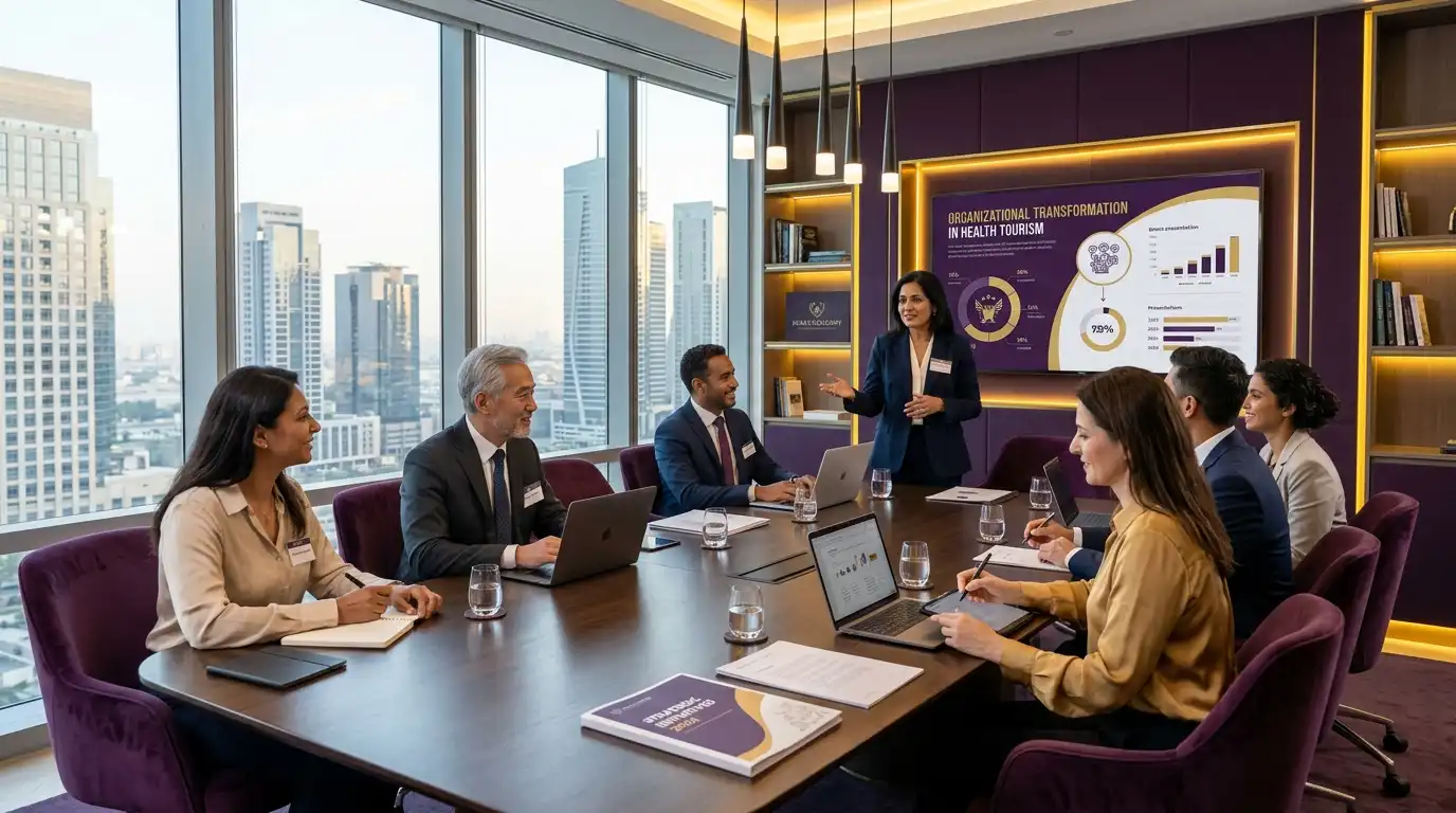 Sağlık turizminde organizasyonel dönüşüm sürecini ele alan profesyonel ekip toplantısı; koyu mor aksan ve altın sarısı ışıklandırmalarla modern ofis ortamında sunum yapılıyor
