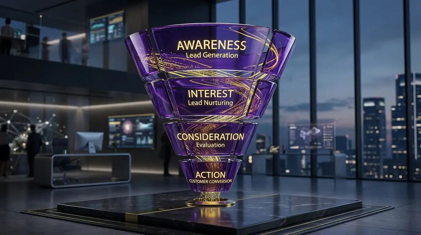 Sağlık turizminde AI destekli satış tüneli ve modern dijital stratejiler, Ahmet Yardımcı Academy koyu mor ve altın sarısı estetiği