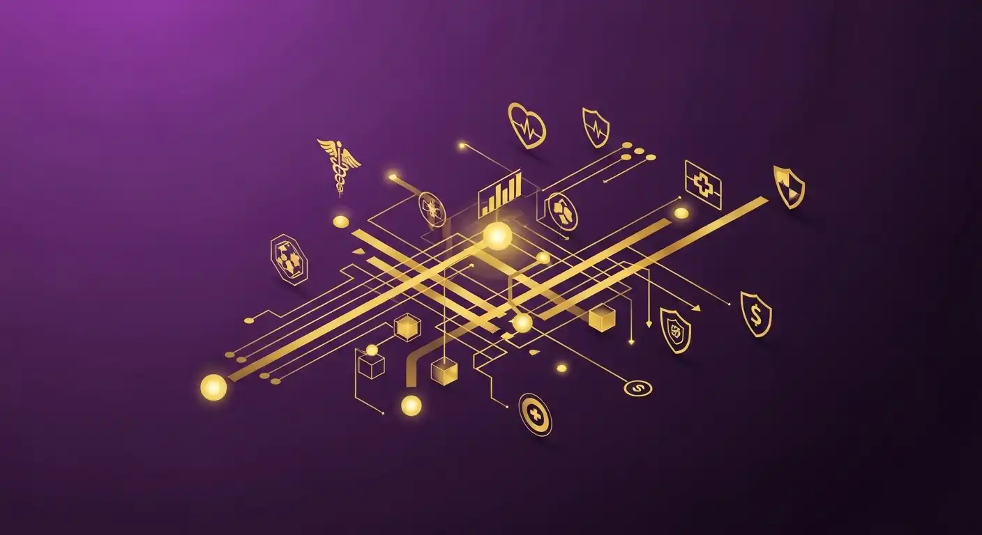 Koyu mor zemin üzerinde altın rengi tıbbi simgeler, bağlantı düğümleri ve geometrik hatlarla oluşturulan izometrik sağlık turizmi iş modeli ağı, sistemin birbirine bağlı karmaşık yapısını gösteriyor