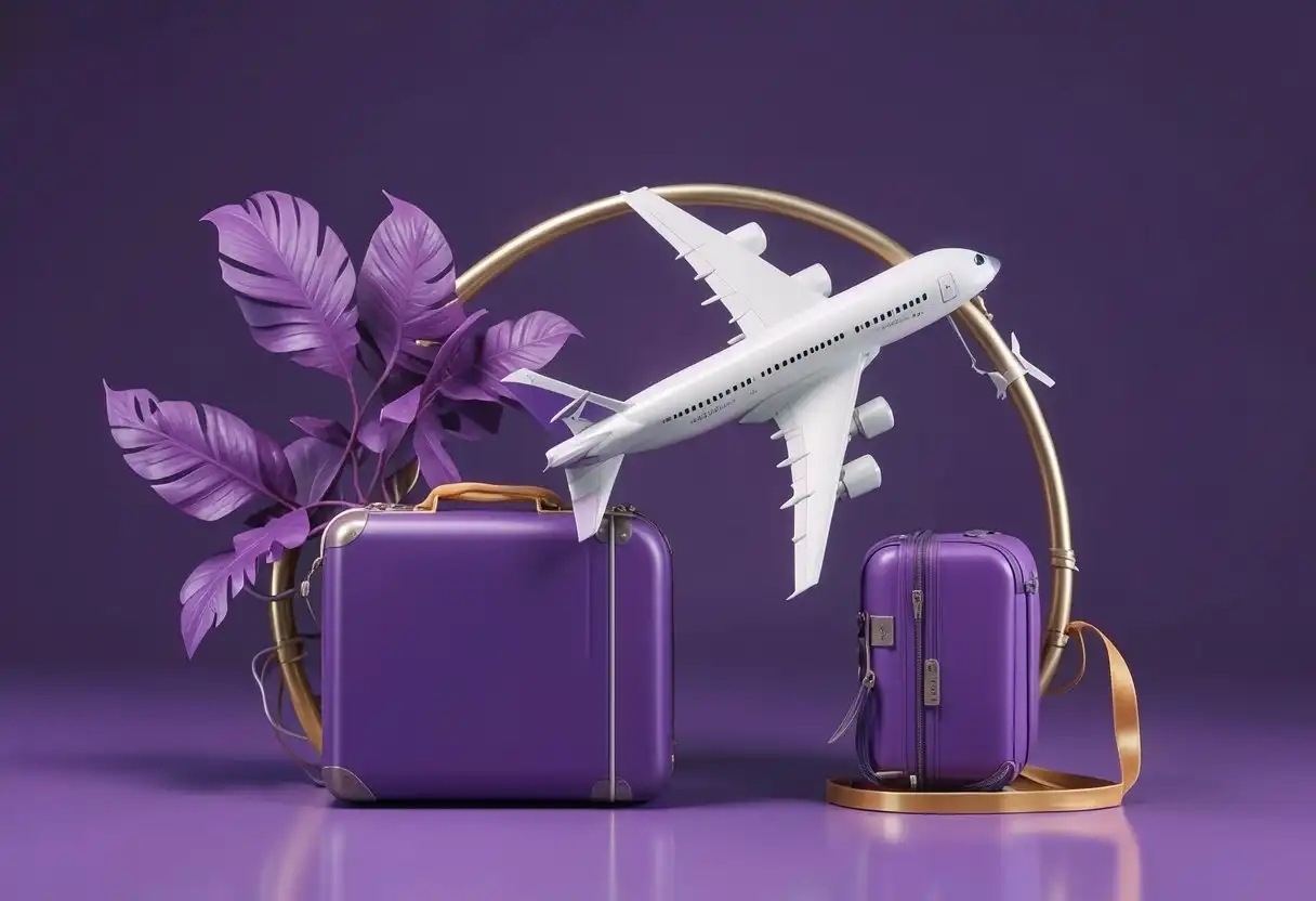Sağlık turizmi seyahat konsepti; mor ve altın sarısı renklerle üç boyutlu bavul, uçak modeli ve tropikal yapraklarla modern sağlık turizmi yolculuğunu simgeleyen soyut tasarım