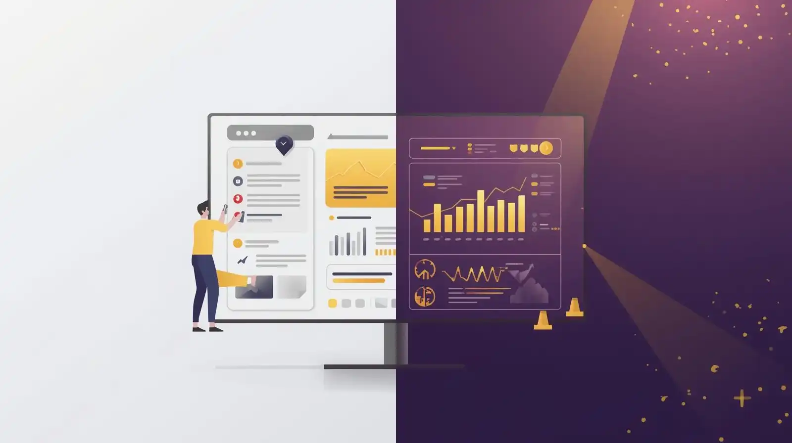 Solda anlık karar almayı simgeleyen basit arayüzü benimseyen çalışan figürü, sağda koyu mor ve altın sarısı veri odaklı stratejik analiz panelini gösteren split-screen tasarım illüstrasyonu