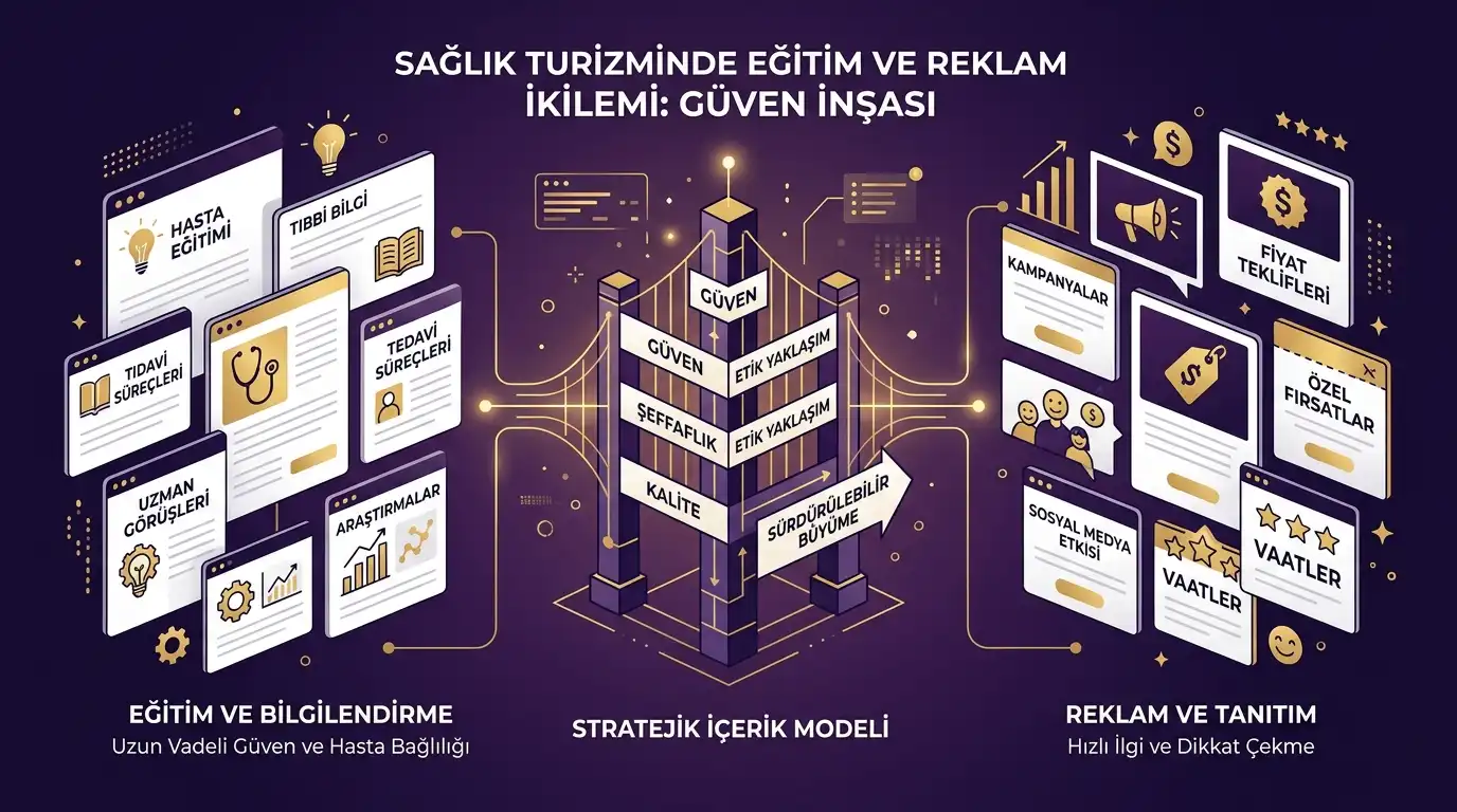 Ahmet Yardımcı Academy stilinde mor ve sarı tonlarla eğitim, reklam ve güven inşası dengesini gösteren infografik
