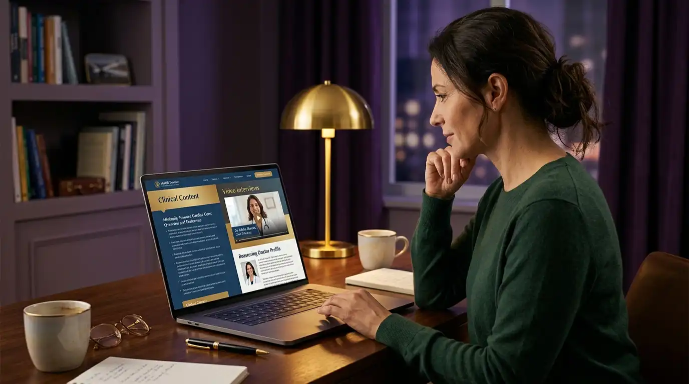 Ahmet Yardımcı Academy temasında mor arka planlı çalışma alanında hastanın dijital araştırma ve güven oluşturma süreci