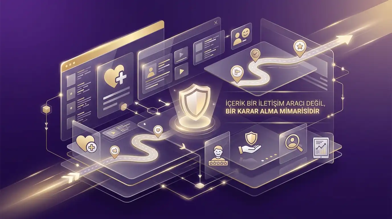 Koyu mor arayüzler ve altın sarısı vurgu çizgileriyle içeriğin karar alma mimarisi olduğunu anlatan Academy görseli
