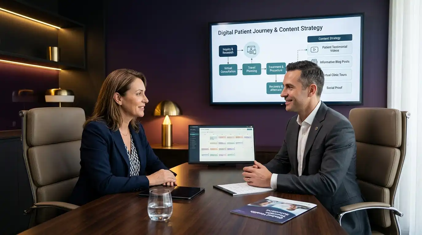 Koyu mor ve sarı detaylı Ahmet Yardımcı Academy toplantısında sağlık turizmi içerik stratejisi ve dijital yolculuk planlaması