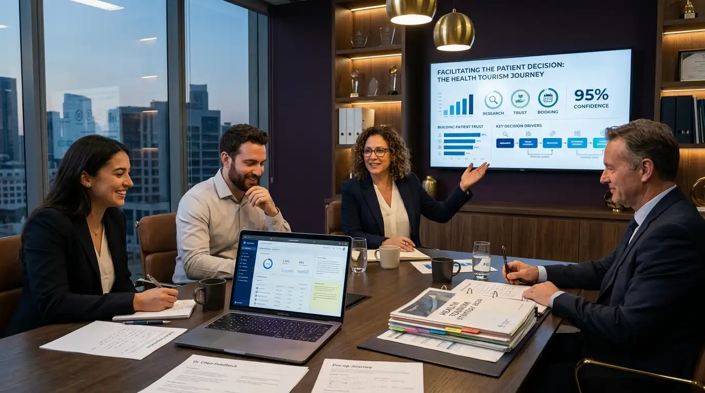 Ahmet Yardımcı Academy için koyu mor ofiste hasta karar yolculuğu sunumu yapan ekip ve içerik stratejisi toplantısı