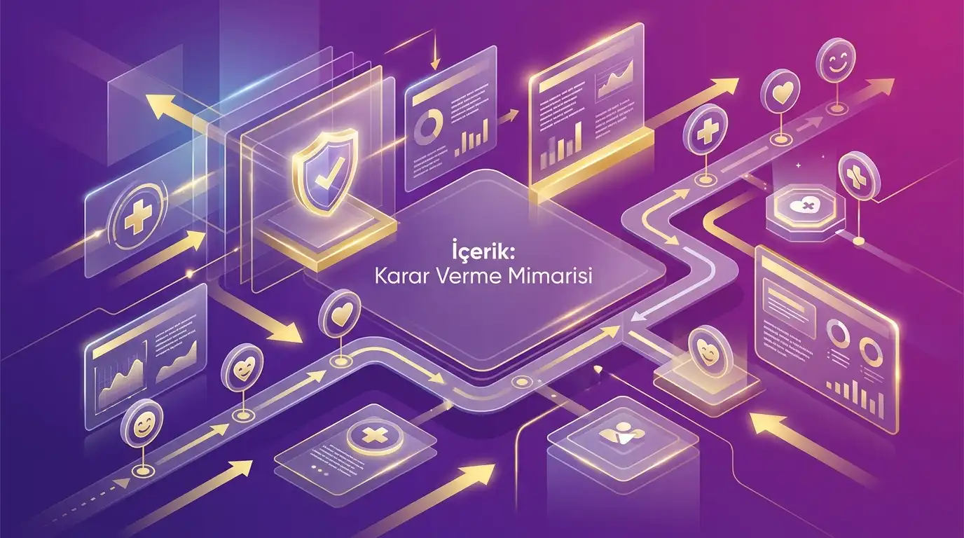 Mor gradyan ve sarı ışık detaylarıyla Ahmet Yardımcı Academy için içeriği karar verme mimarisi olarak anlatan görsel