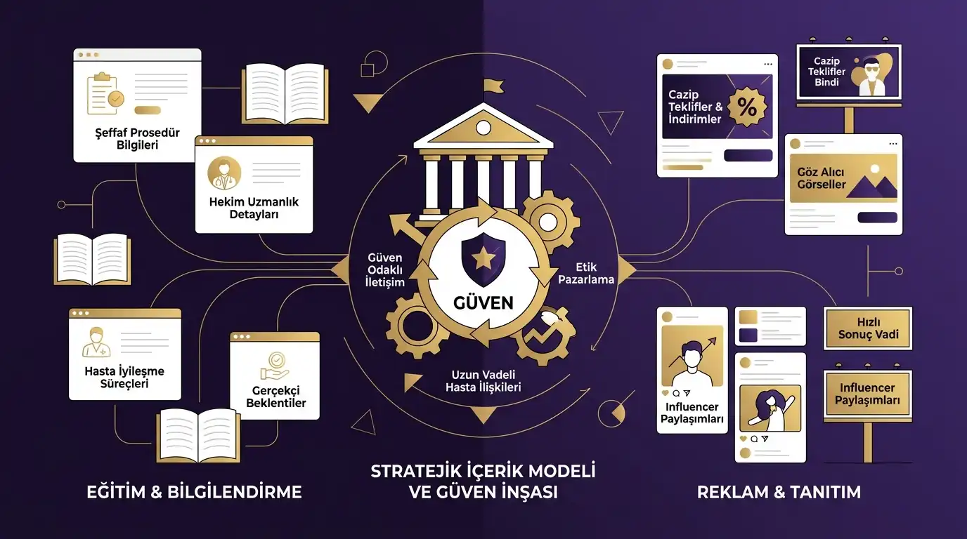 Koyu mor ve altın sarısı Academy infografiğinde sağlık turizminde eğitim, reklam ve güven odaklı içerik modeli