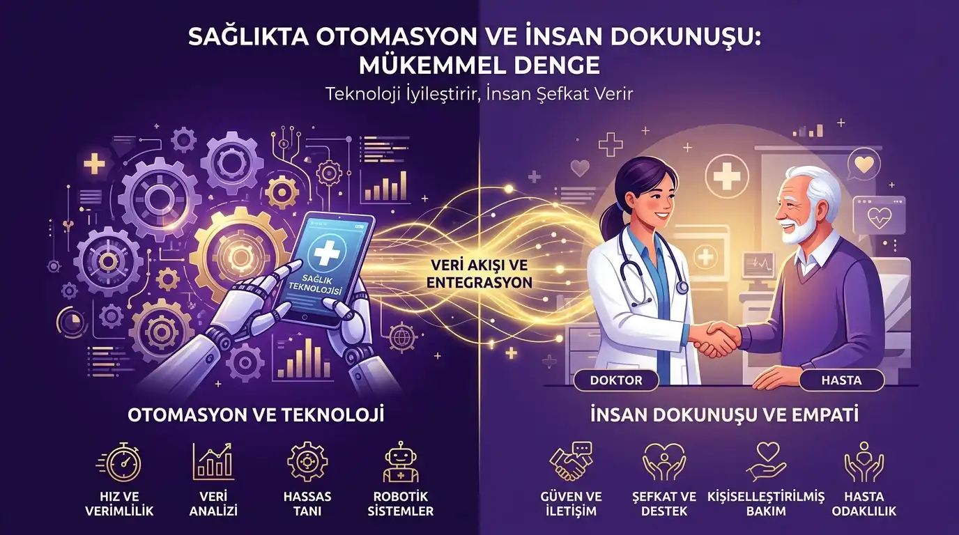Sağlıkta teknoloji ve insan dengesi infografiği: sol tarafta hız, veri analizi ve hassas tanı; sağ tarafta güven, şefkat ve kişiselleştirilmiş bakım; mor ve beyaz minimalist tasarım