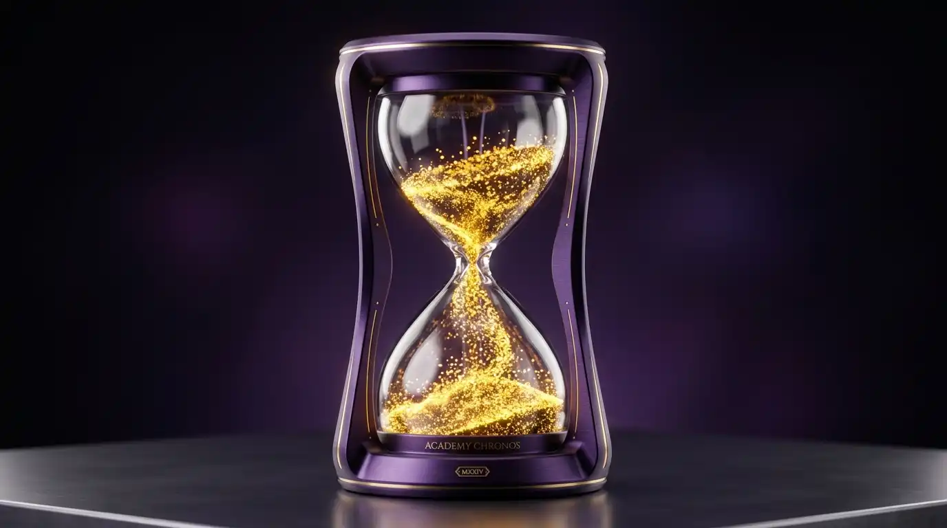 Satış süreçlerinde zamanlama ve sabrın önemi, parlayan altın kum taneli dijital kum saati ve koyu mor kurumsal tasarım