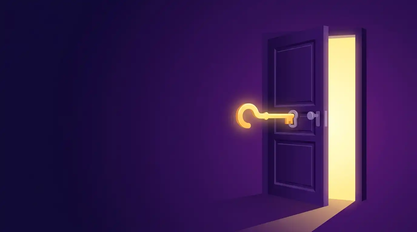 Soru işareti biçimindeki altın sarısı anahtar koyu mor kapının kilidini açıyor ve aralıktan sıcak ışık taşıyor, doğru sorunun kapıları açtığını anlatan Ahmet Yardımcı Academy illüstrasyonu