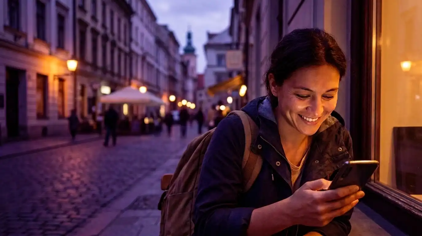 Uluslararası hasta kaldırımlı tarihi bir kentte oturarak telefonundaki sağlık turizmi web sitesini inceliyor; altın sarısı arka plan ışığıyla