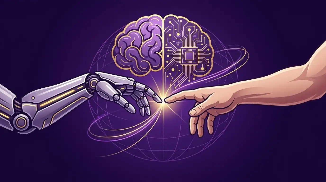 Koyu mor arka plan ve sarı ışık geçişleriyle yapay zeka ile insan arasındaki güven köprüsünü simgeleyen academy görseli