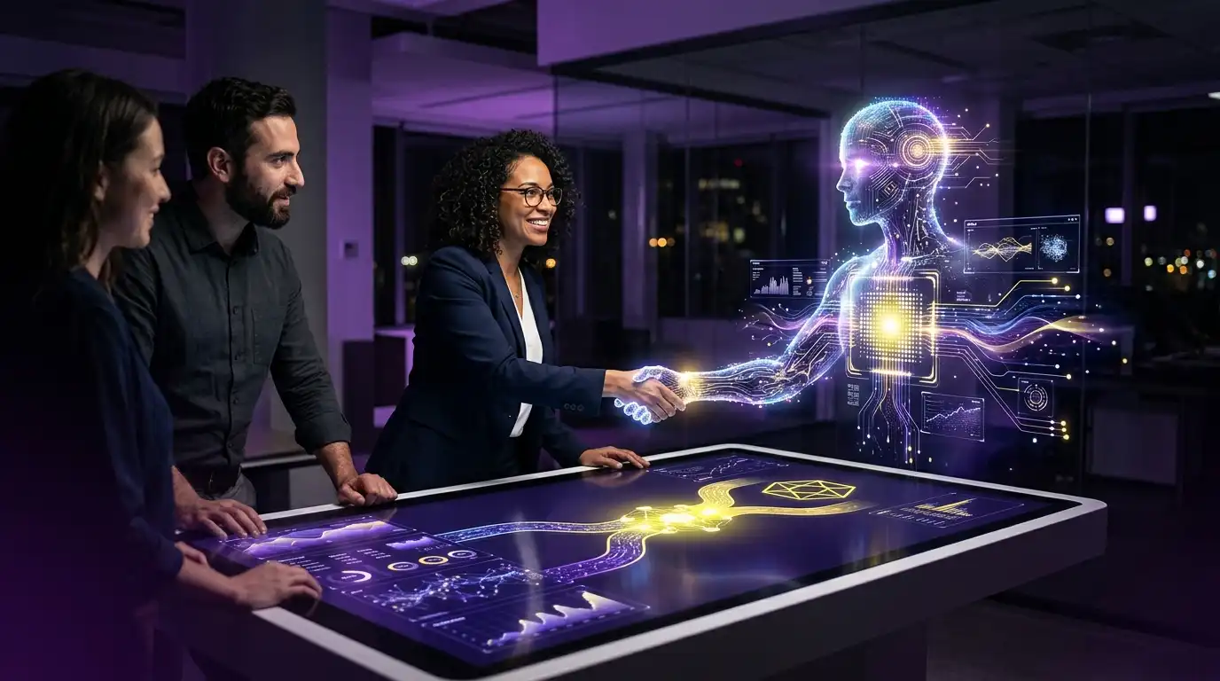 Yapay zeka ve insan iş birliği sağlık turizmi - Ekip yapay zeka ile çalışırken dijital tablo üzerinde strateji geliştiriyor